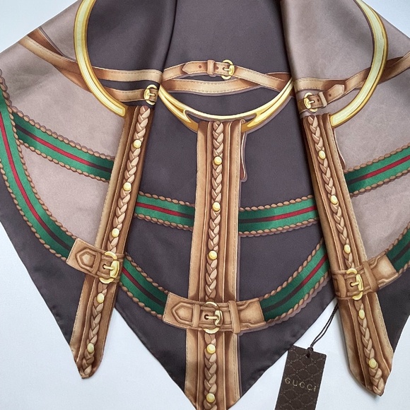 New Gucci Unisex Scarf Iconic Horsebit Logo Print Silk Wrap - Picture 14 of 15